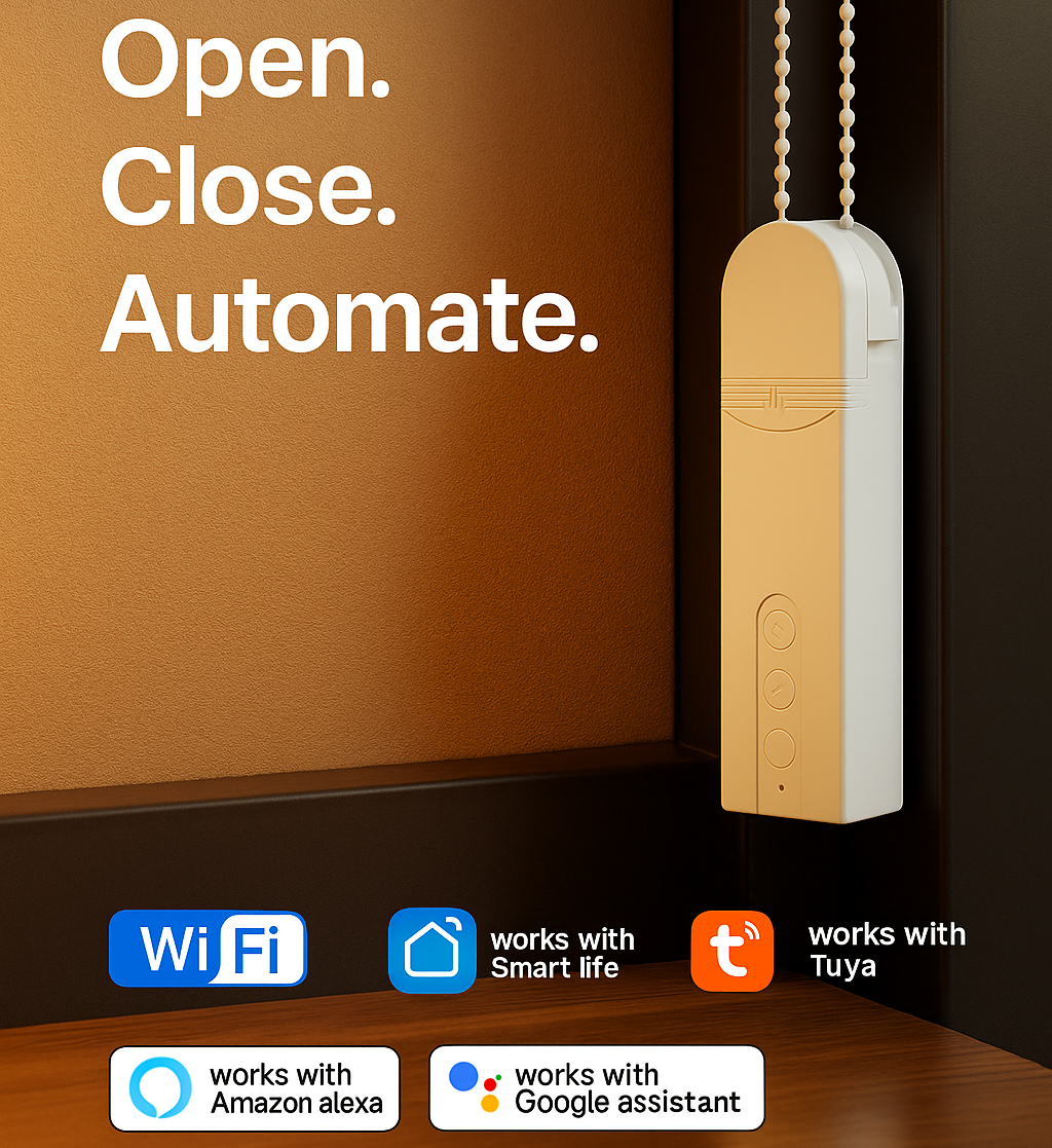 Wall-mounted device with text 'Open. Close. Automate.' and connectivity logos on a brown wall.